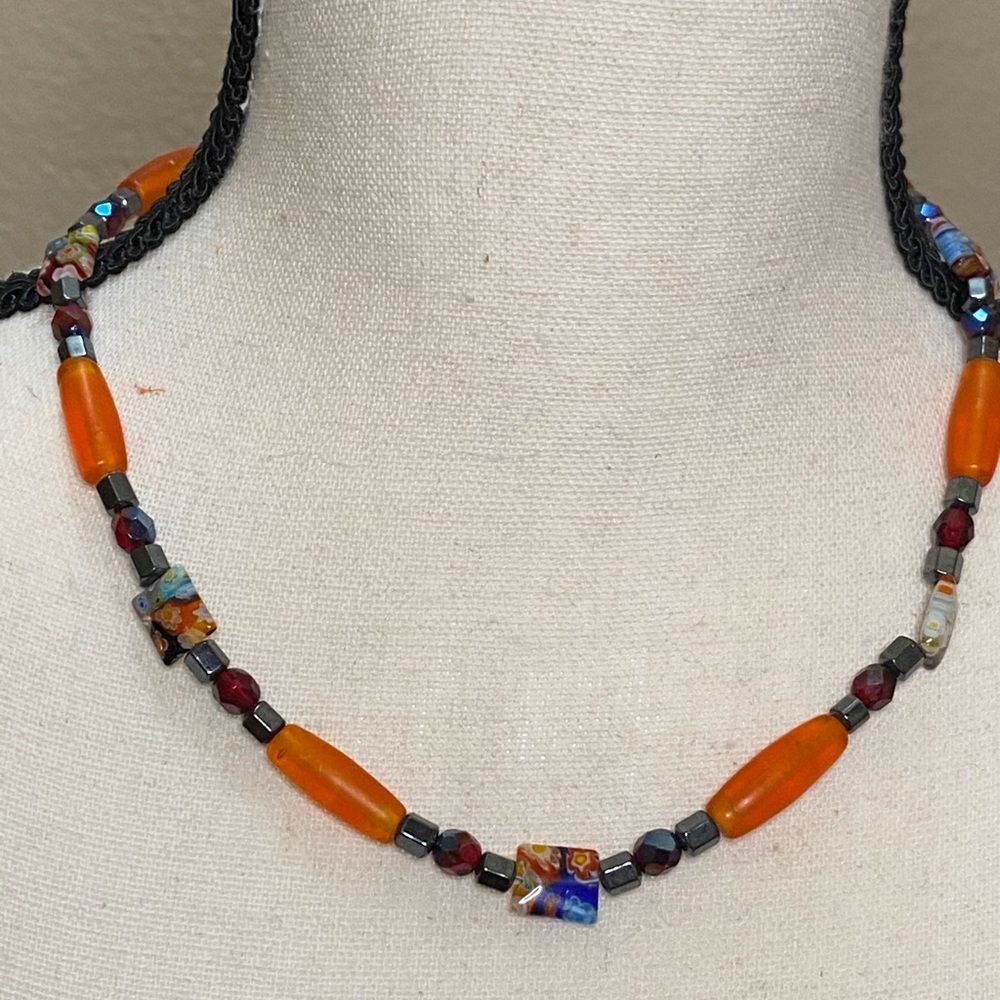 Tangerine Glass Millefiore Beads Hematite Necklace